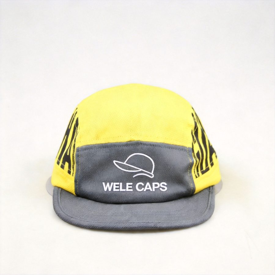 5-panel baseball cap in two-tone yellow and grey, front view