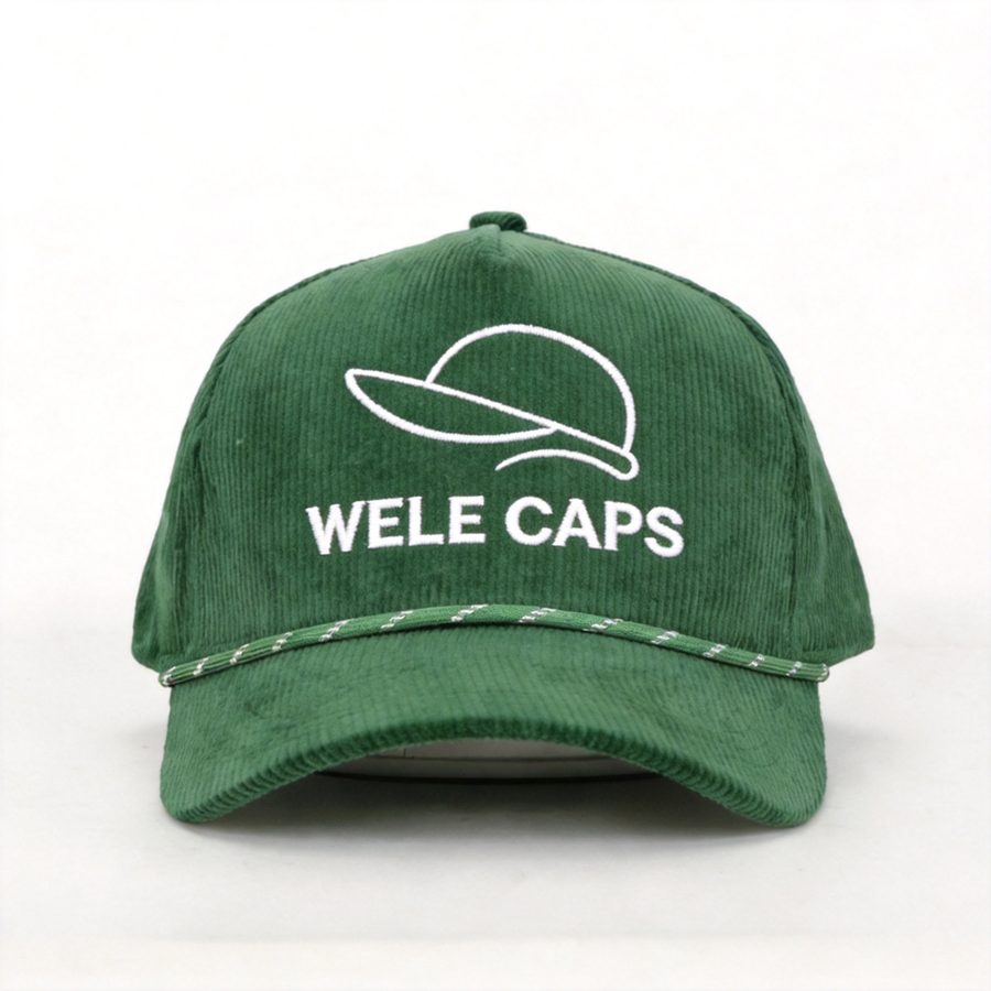 Custom 6-panel baseball cap in green corduroy with embroidered WELE CAPS logo