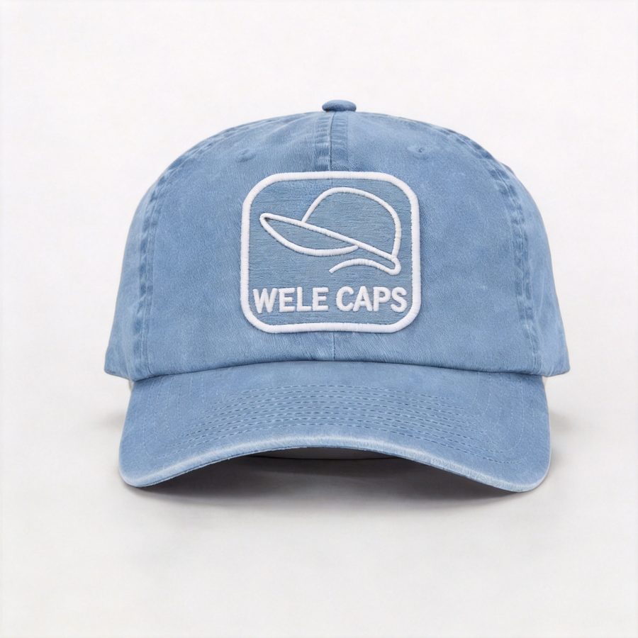 Dad hat in light blue washed denim with curved brim, front view