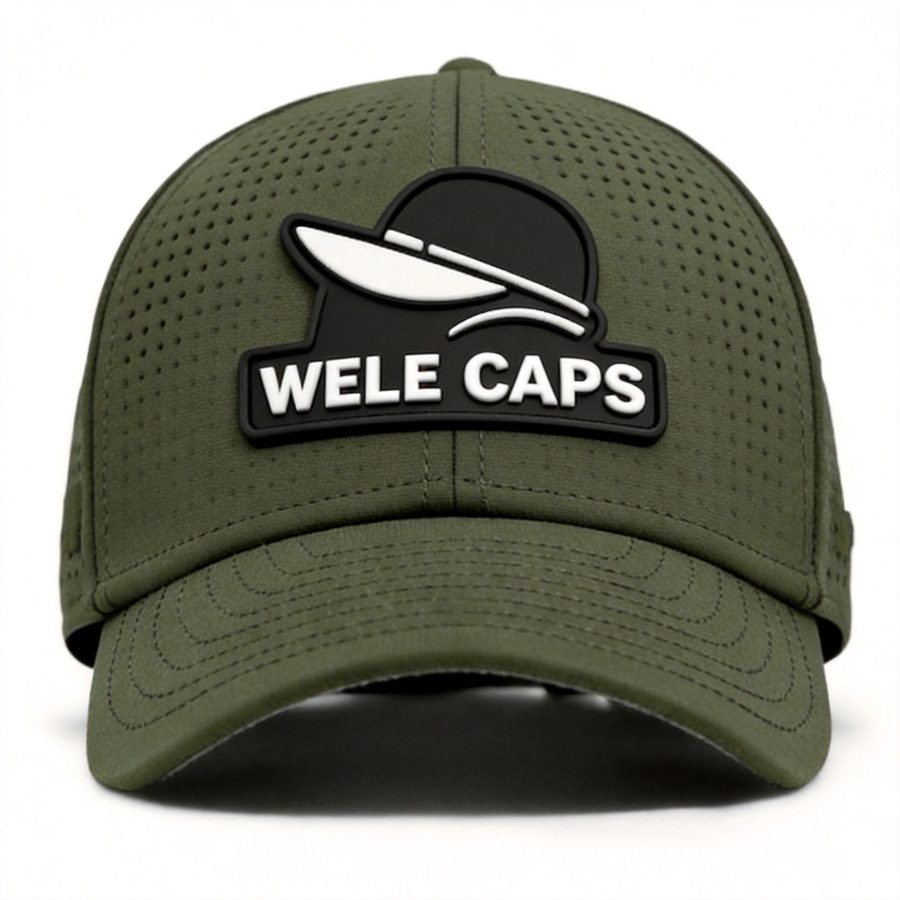 Laser-cut performance cap in army green quick-dry fabric, front view