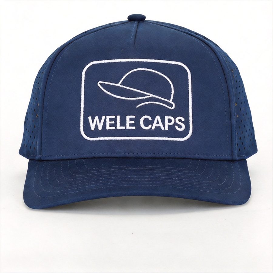 Laser-cut performance cap in navy quick-dry fabric, front view