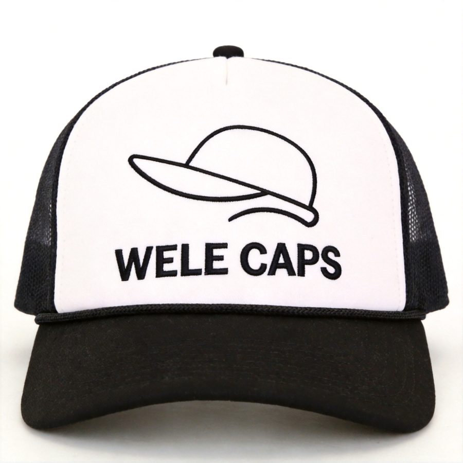 Trucker hat with black cotton front and white mesh back, front view